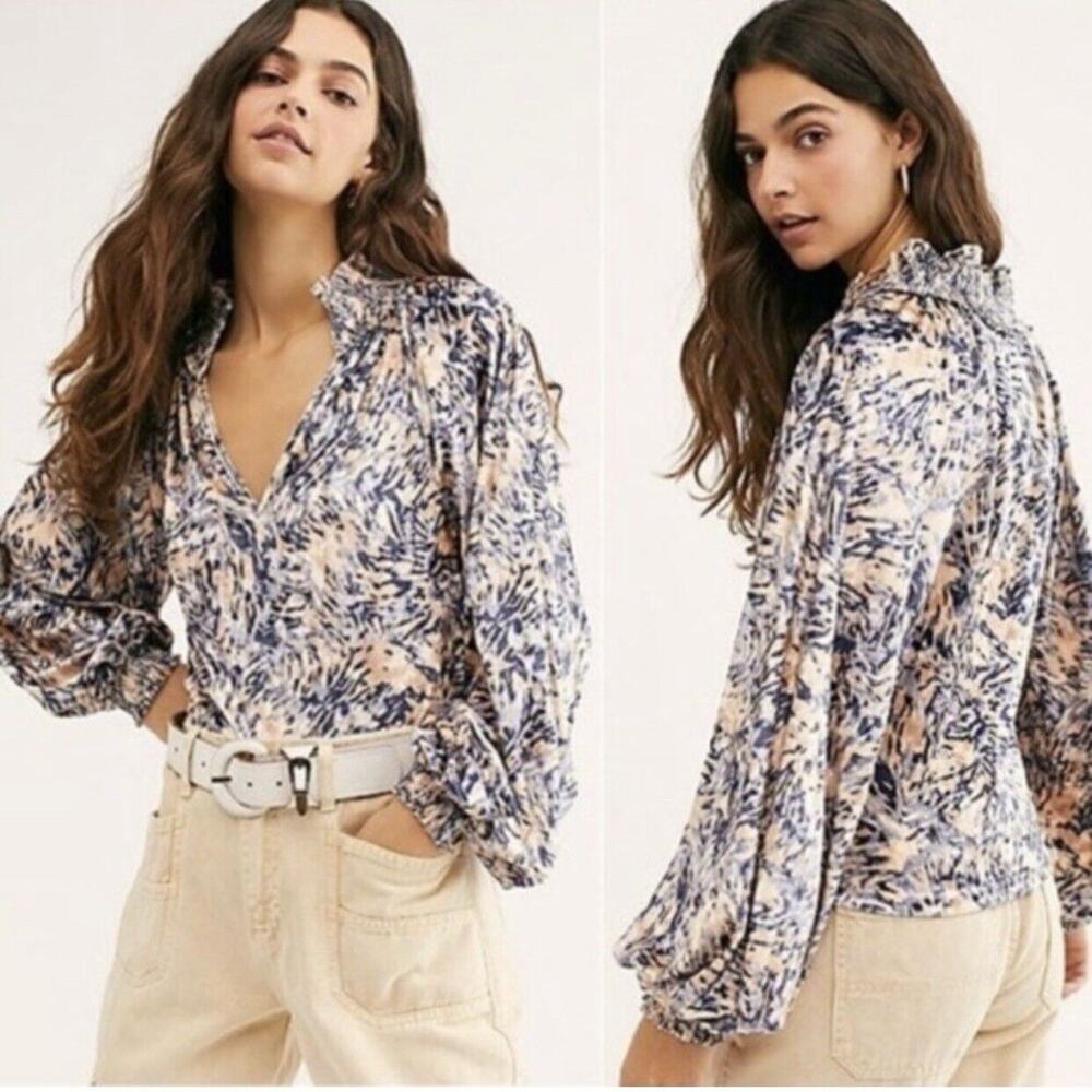 Free People Blue Print Velour V-Neck Balloon Sleeve Top Size Medium
